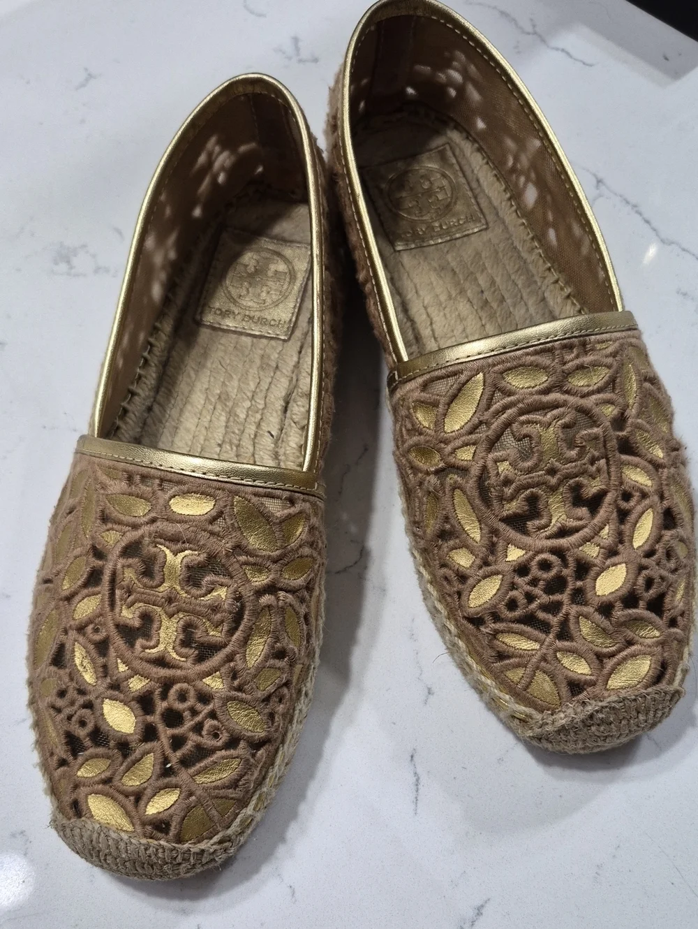 Tory Burch Gold and Tan Laser-Cut Espadrille Flats